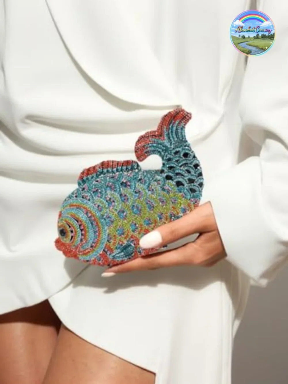 Rhinestone Fish Evening Clutch - Magnetic Closure, Detachable Chain, Sparkling